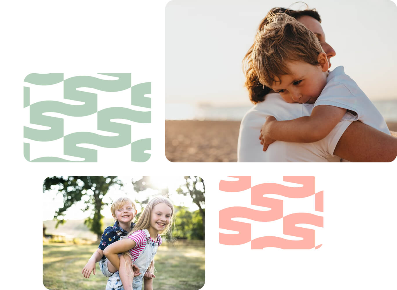 A collage with two photos: a parent holding a young child on a beach, and a girl giving a piggyback ride to a younger boy outdoors. Decorative green and pink wavy patterns are also included.