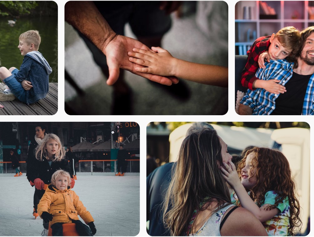 section tablet A collage of five images showing children and adults bonding: two boys by a pond, two hands touching, a child hugging a man, a woman smiling with a child, and two kids ice skating together.